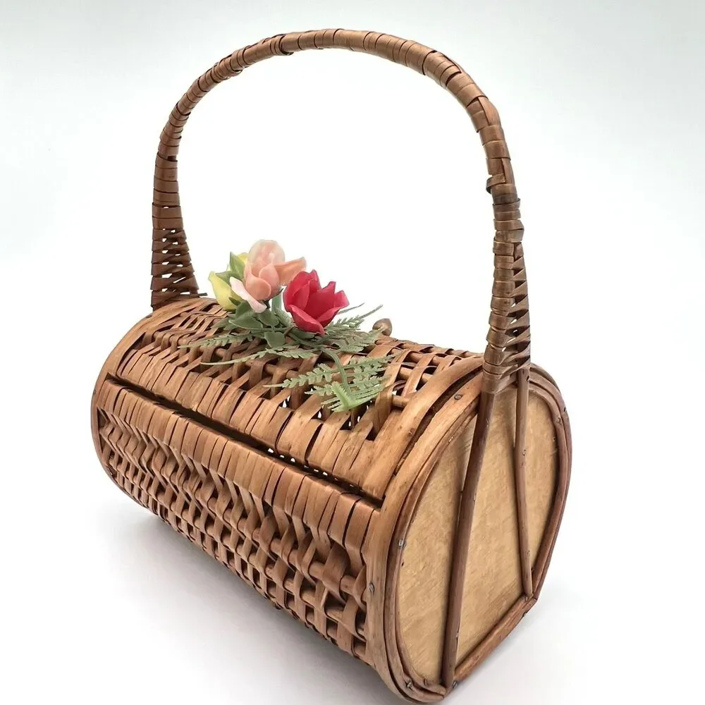 Vintage Wicker Basket Handbag Floral Accent Purse Cottagecore Garden Party 1950s